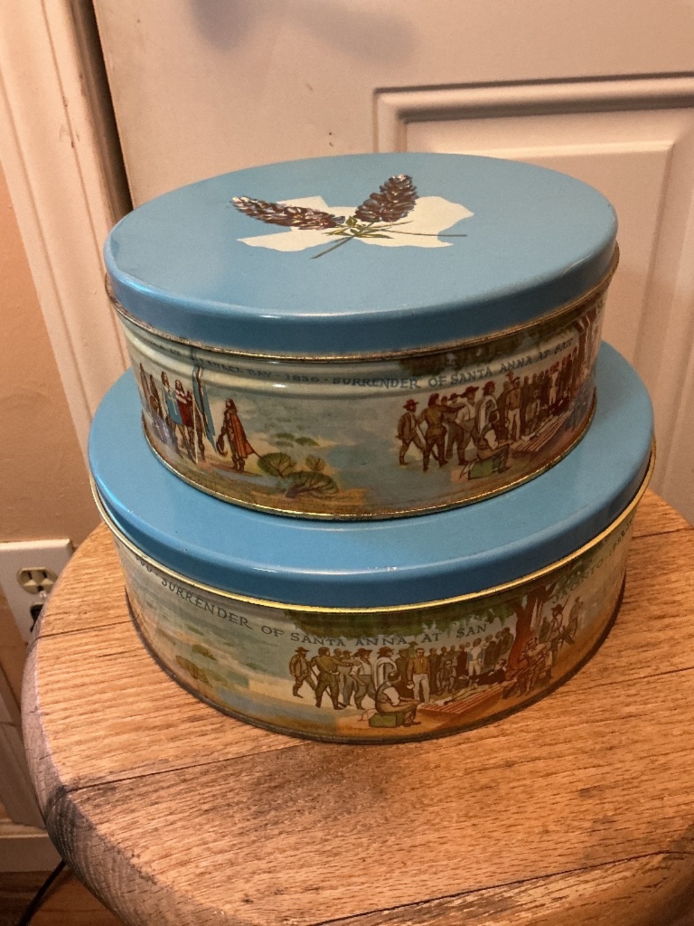 2 Vintage Manor Bakers Fruitcake Tin Tins 8" and 9.75”  Texas History